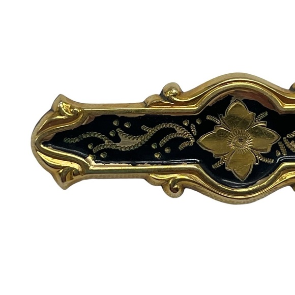 Hayward Victorian Floral Etched Black Gold Filled Bar Brooch Pin Vintage - Picture 2 of 6